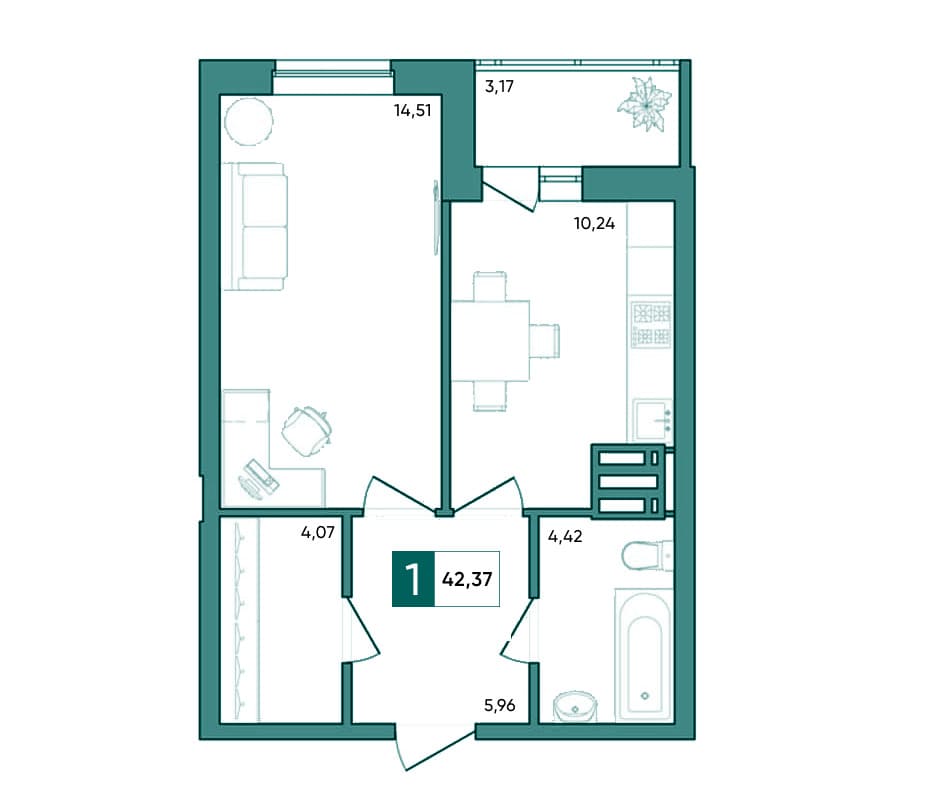 Планировка однокомнатной квартиры 42,37 м²