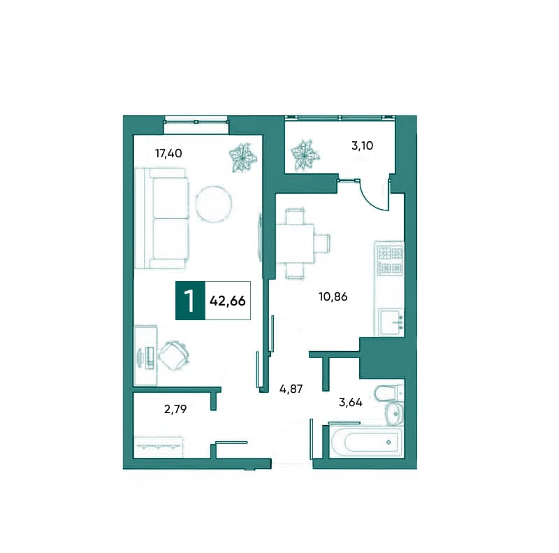 Планировка однокомнатной квартиры 42,66 м²