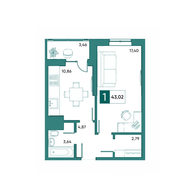 Планировка однокомнатной квартиры 43,02 м²