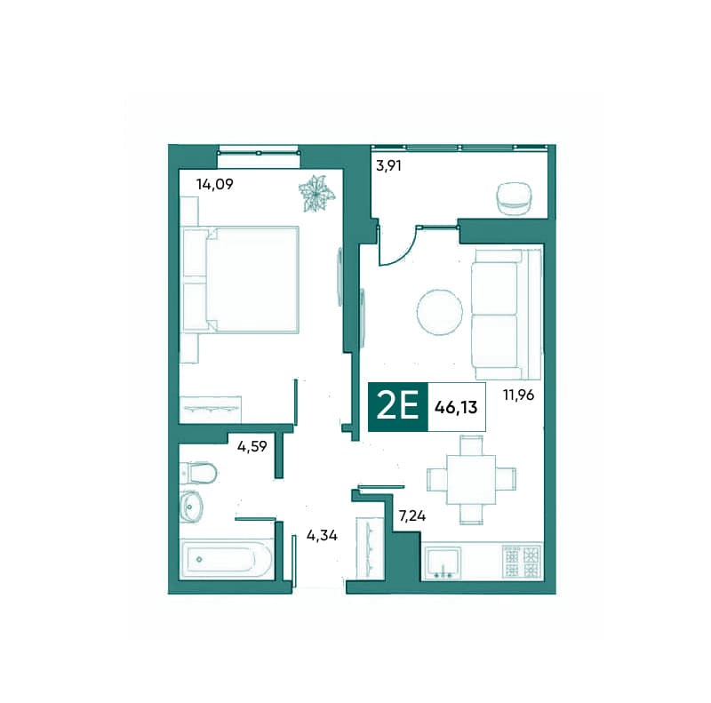 Планировка двухкомнатной квартиры 46,13 м²
