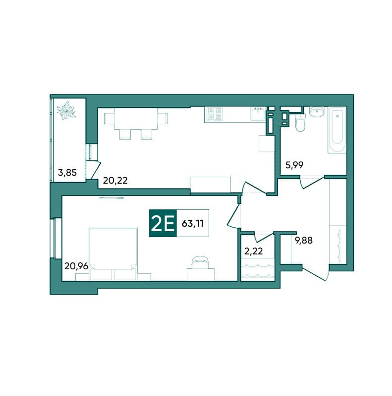 Планировка двухкомнатной квартиры 63,11 м²