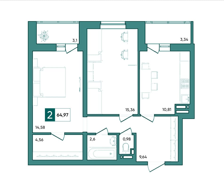 Планировка двухкомнатной квартиры 64,97 м²