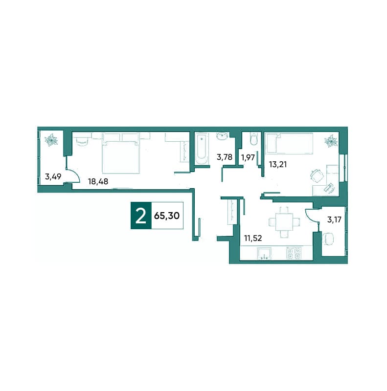 Планировка двухкомнатной квартиры 65,30 м²