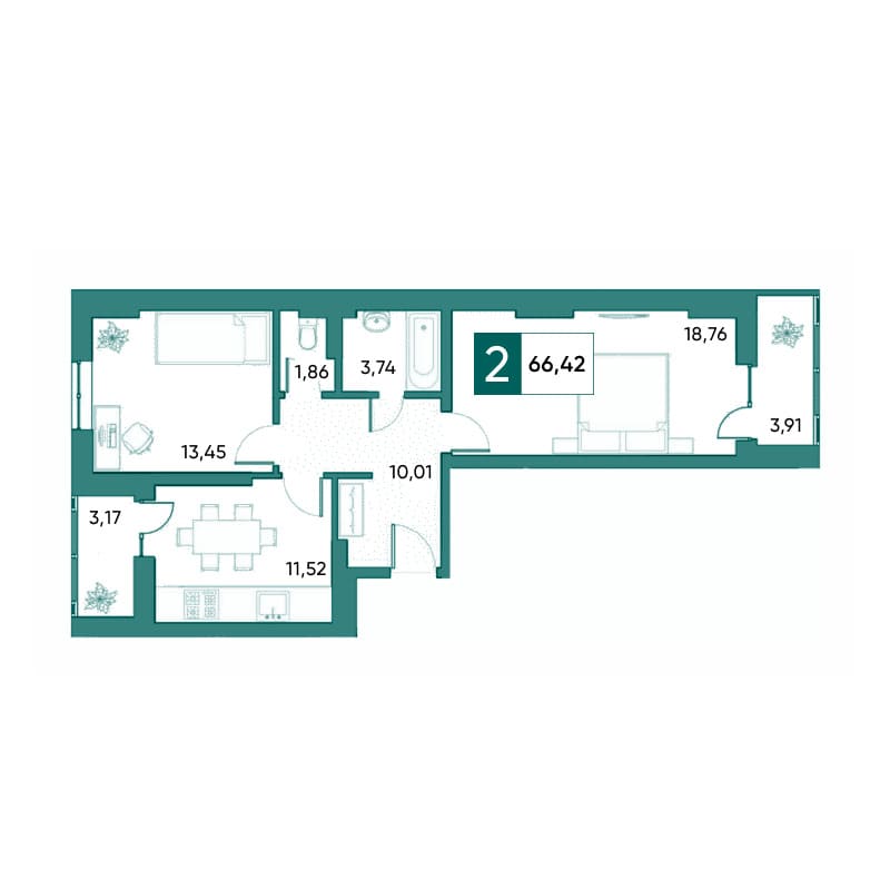Планировка двухкомнатной квартиры 66,42 м²