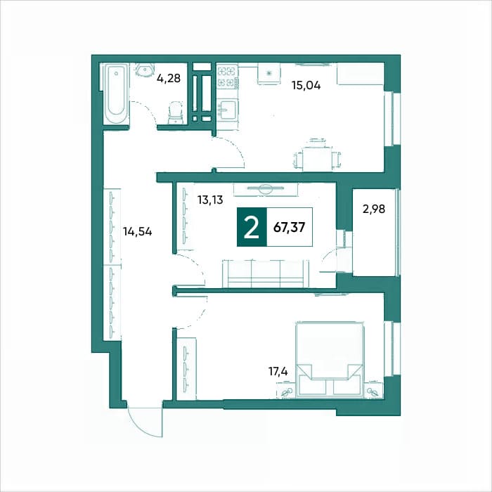 Планировка двухкомнатной квартиры 67,37 м²