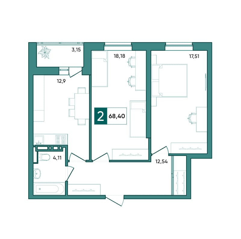Планировка двухкомнатной квартиры 68,40 м²