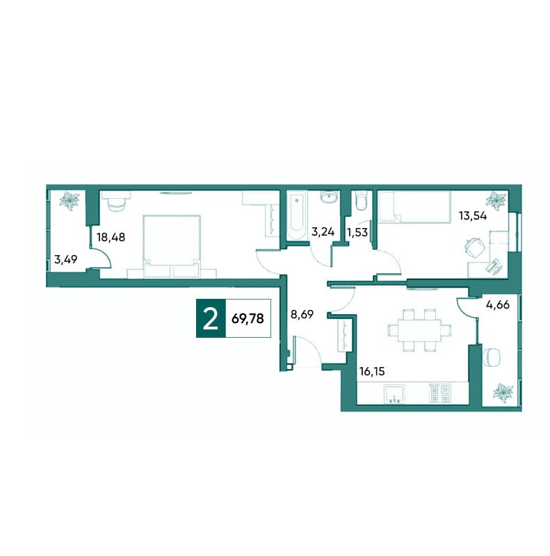 Планировка двухкомнатной квартиры 69,78 м²