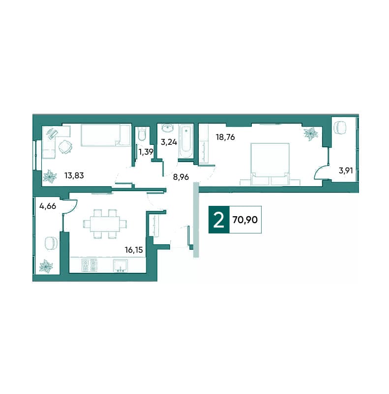 Планировка двухкомнатной квартиры 70,90 м²